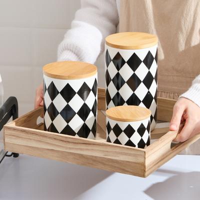 Black and White Checkered Ceramic Storage Tank, Sealed Tank, Suitable for Coffee, Nuts, Tea Boxes, Kitchen Storage Containers