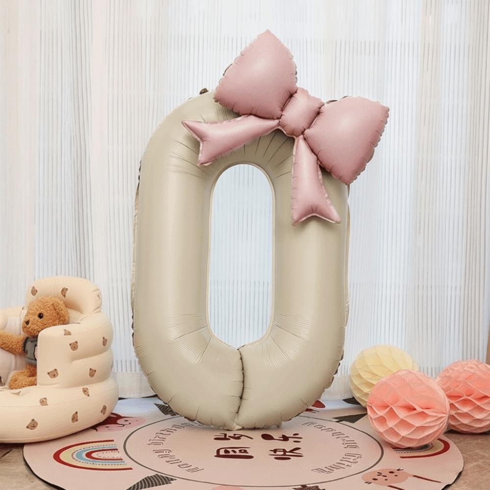 40 Inch Number 0-9 Balloon Cream White with Light Pink Bow Aluminum Foil Balloons New Year Decorations Birthday Party Balloons