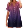 Women Fashion Casual V-neck Short Sleeve Button Gradient Print Dress