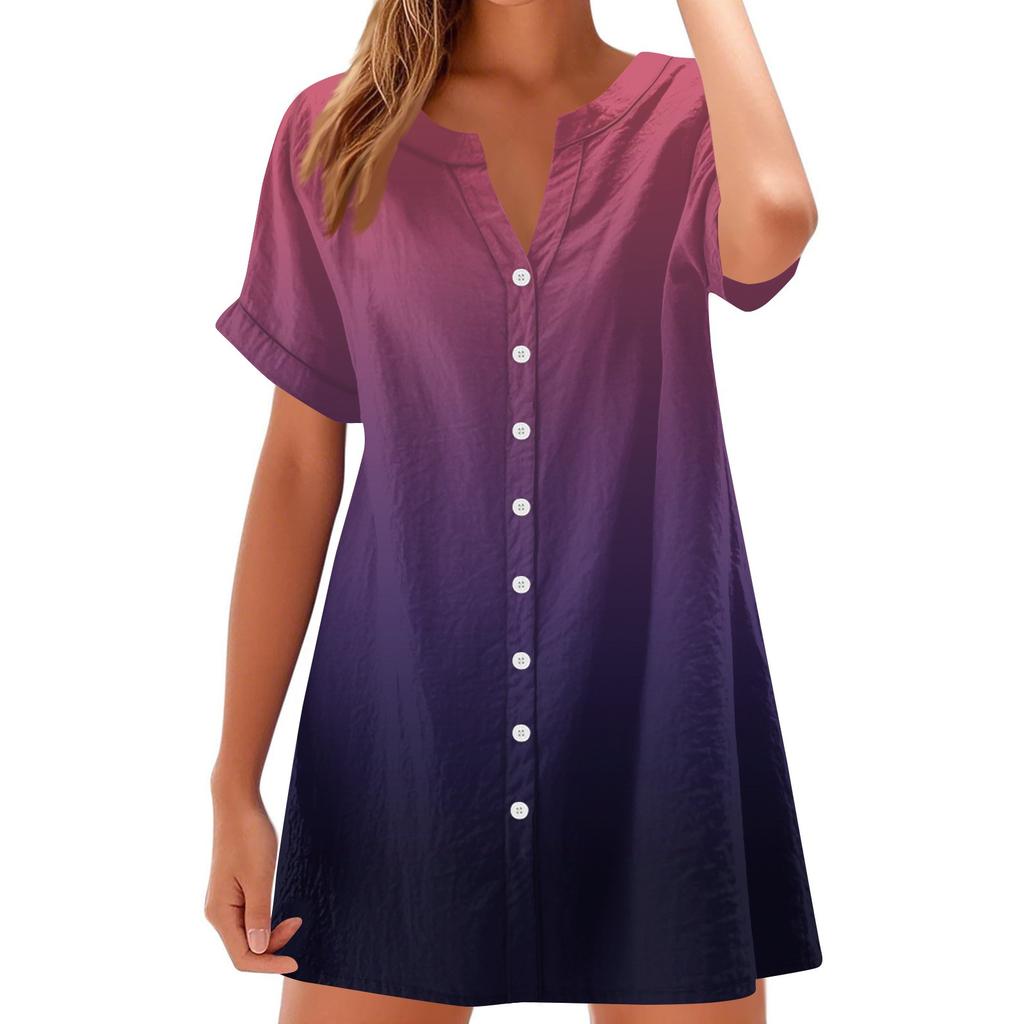 Women Fashion Casual V-neck Short Sleeve Button Gradient Print Dress