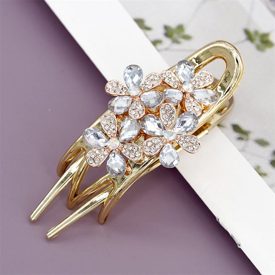 Elegant Crystal Double Flower Hair Claw Hair Grab Duckbill Clip For Women Headdress Hair Accessories Rhinestone Hairpin Headwear