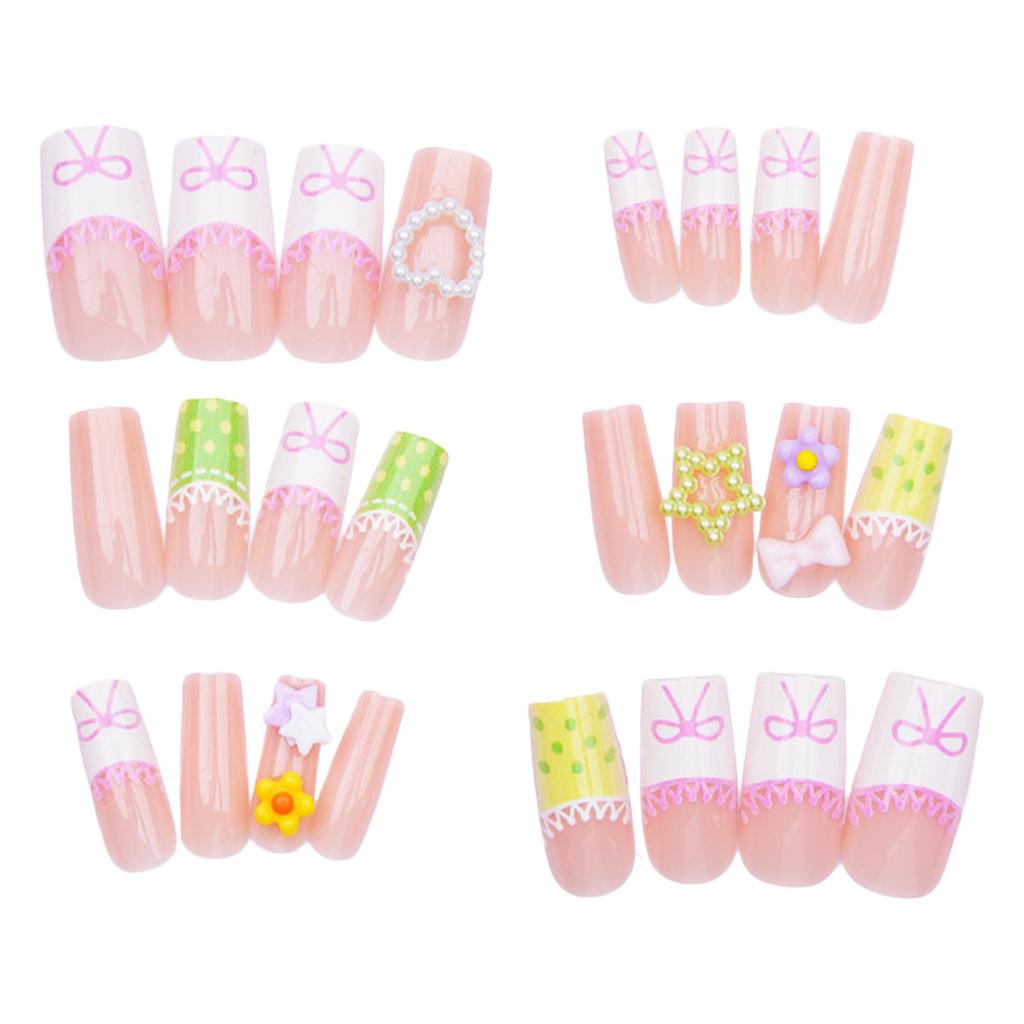 24Pcs Artificial Nails with Pearl Heart Star Pattern Charming Reusable False Nails For Party Wedding