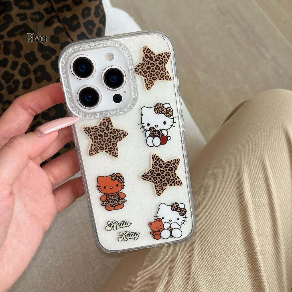 Translucent Glitter Star Leopard Kitty Phone Case for iPhone 17/16 Pro Max/15/14