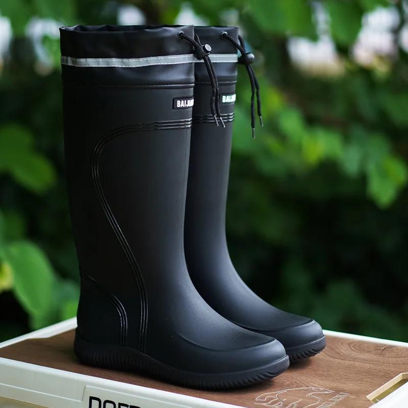 Men's Rain Boots Long Tube Water Shoes Non-slip Waterproof Safety Work Shoes Black Red Platform Cotton High-top Outer Wear