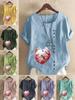 Women's Fashion Love Shaped Pattern Print Shot Sleeve T-shirt Loose Cotton Shirt Casual Loose Summer Plus Size Blouse Tops