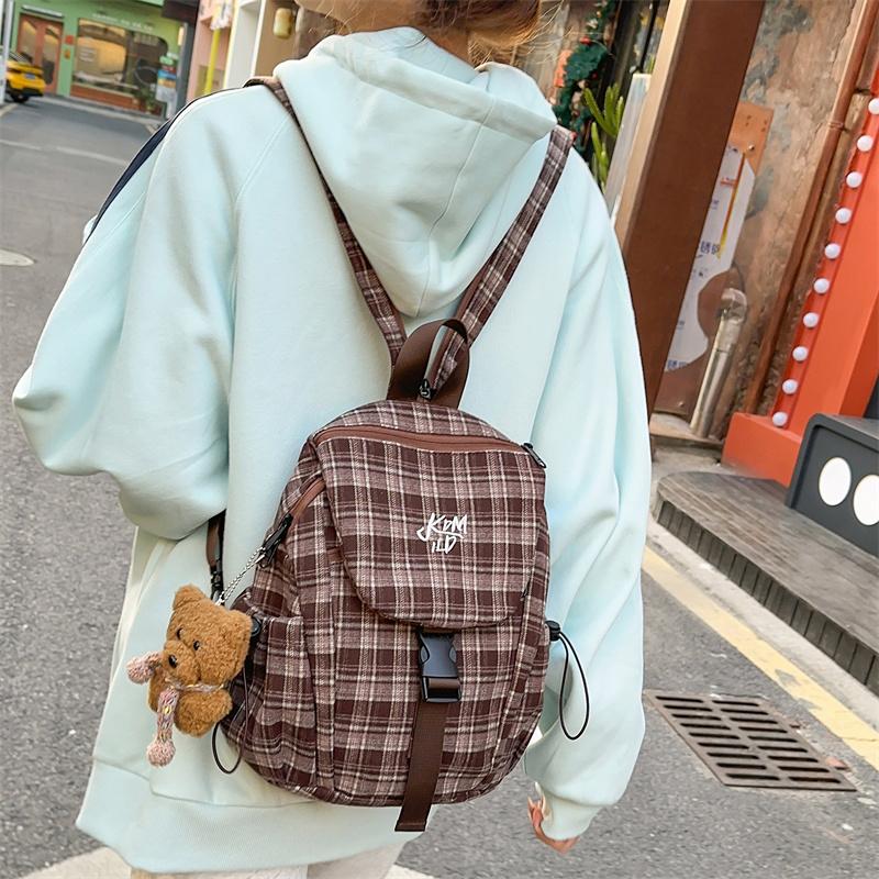 Vintage Plaid Backpack College Style Junior High School Student Schoolbag