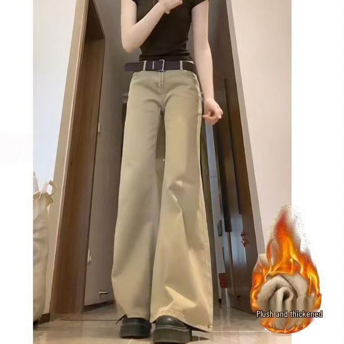 Khaki Slimming Micro Flare Low-Waist Floor-Length Jeans for Women