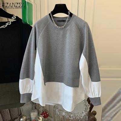 Women Autumn Round Neck Long Sleeve Contrast Color Loose Pullover Sweatshirts