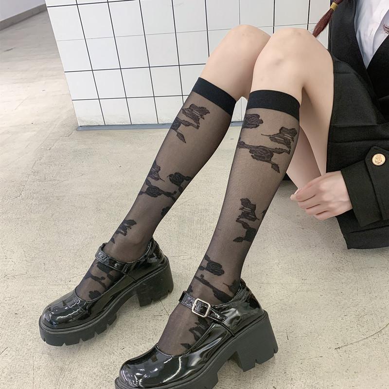 Spring Thin Ladies Black Jacquard Love Calf Socks, Japanese Jk Style Knee Socks Lolita Silk