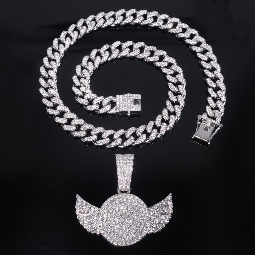 New Alloy Full Rhinestone Round Tag Wing Pendant Necklace, Men High-end Rap Hip Hop Fashion Jewelry