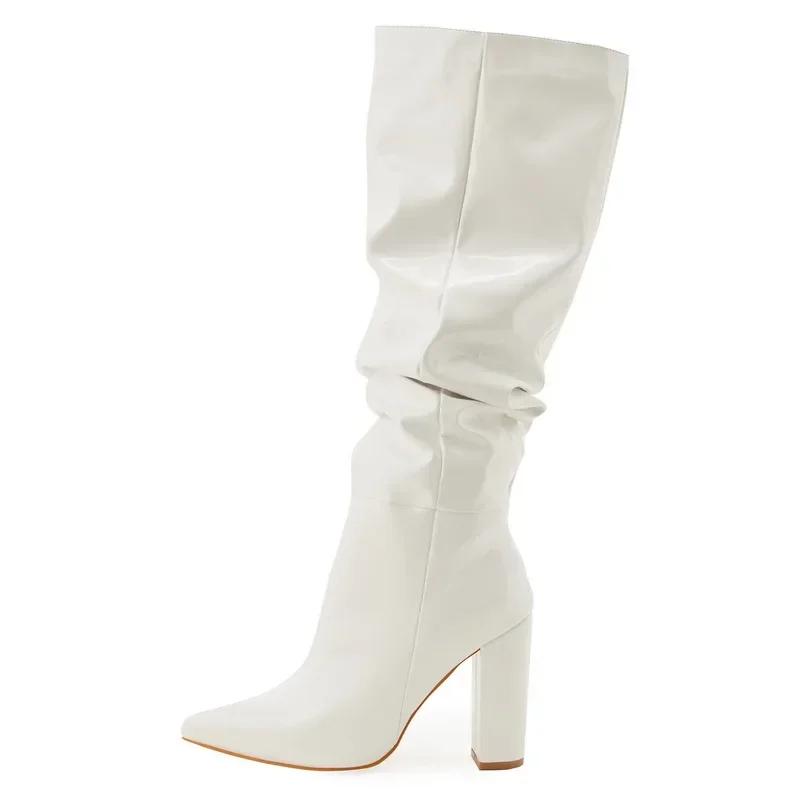 Women Pleated Patent Leather High Thick Heel Long Boots for Office Nightclub Party Wedding Banquet Catwalk Show Botas De Mujer