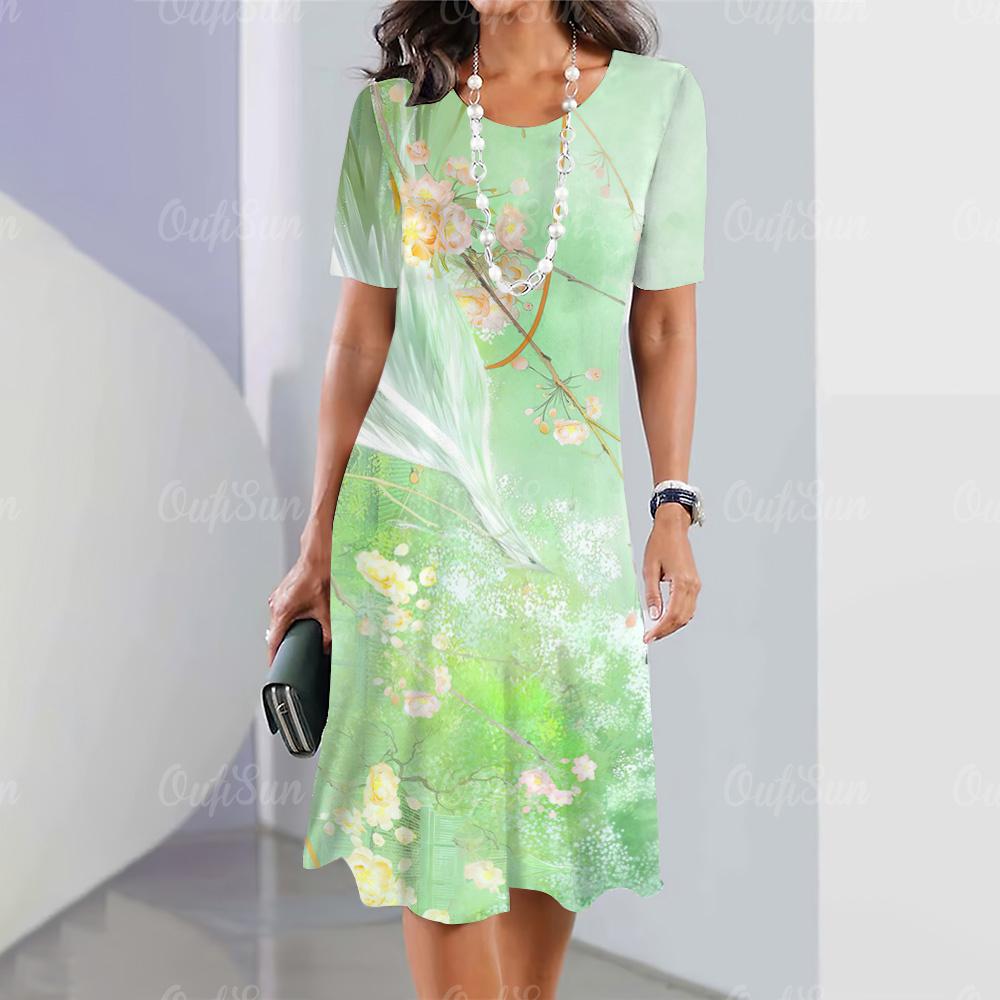 Ilusad naiste kleidid 3D lilledega trükitud naisterõivad vabaaja A-lõikeline seelik ülisuured O-kaelusega topid suvine elegantne naiste kleit