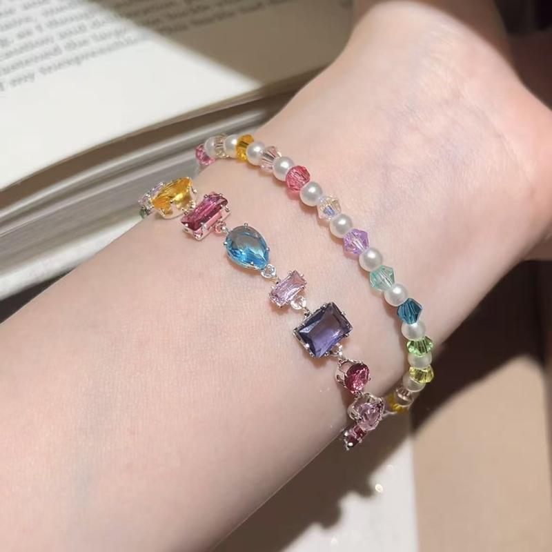 Sparkling Colorful Zircon Crystal Bracelet for Women Polished Metal Chain Lightweight Wrist Jewelry for Casual Party Wear