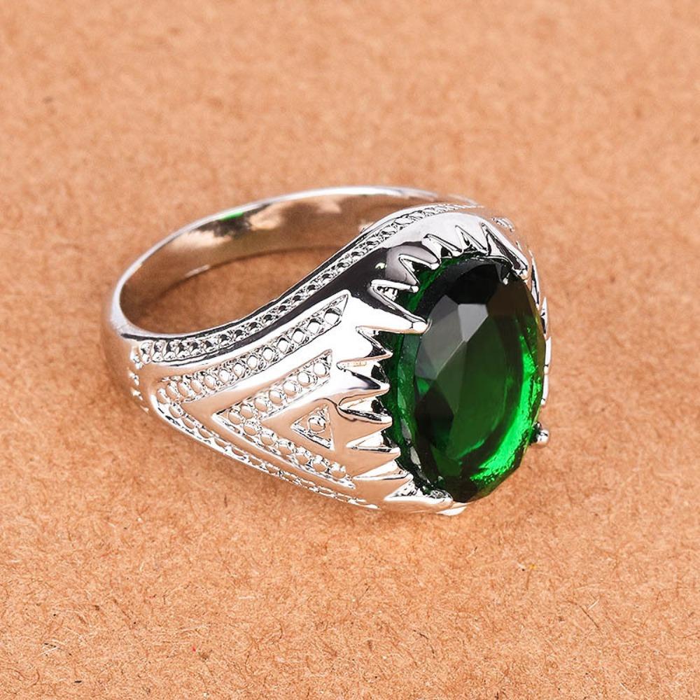 Vintage Emerald Ring for Men Sterling Silver Green Gemstone Bohemian Style Jewelry