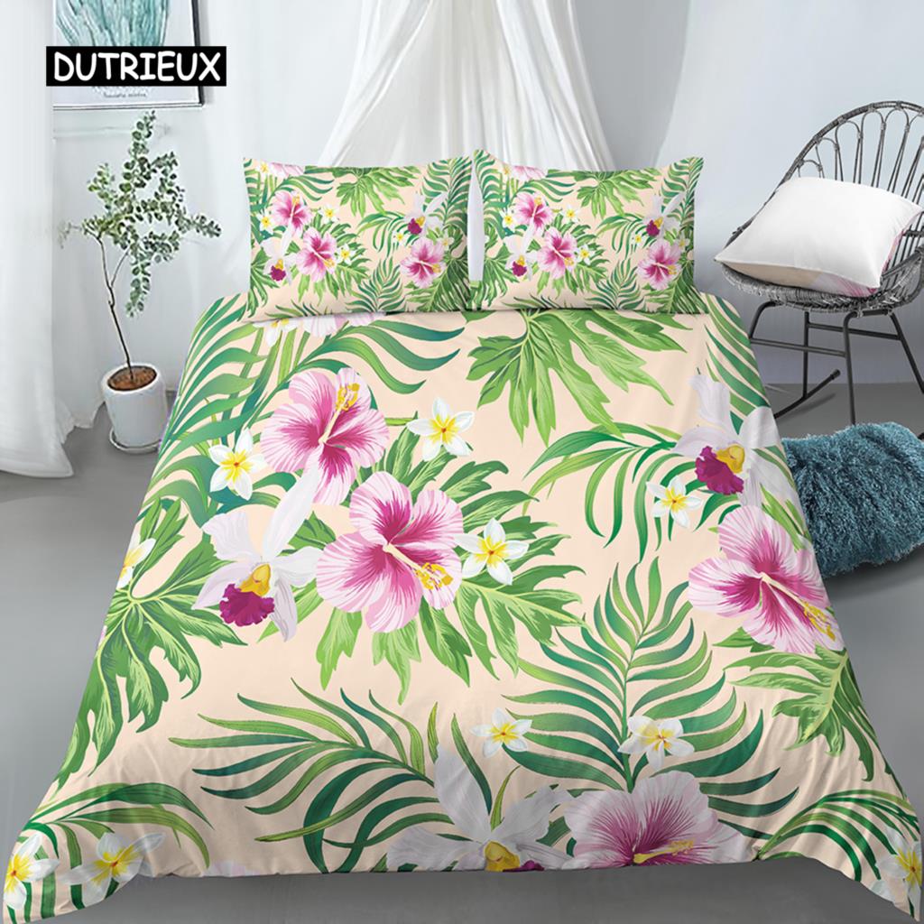 Blätter und Blumen Bettbezug-Set King Size Palmblätter Rosa Blumendruck Steppdeckenbezug für Mädchen Jungen Polyester 2/3-teiliges Bettwäscheset