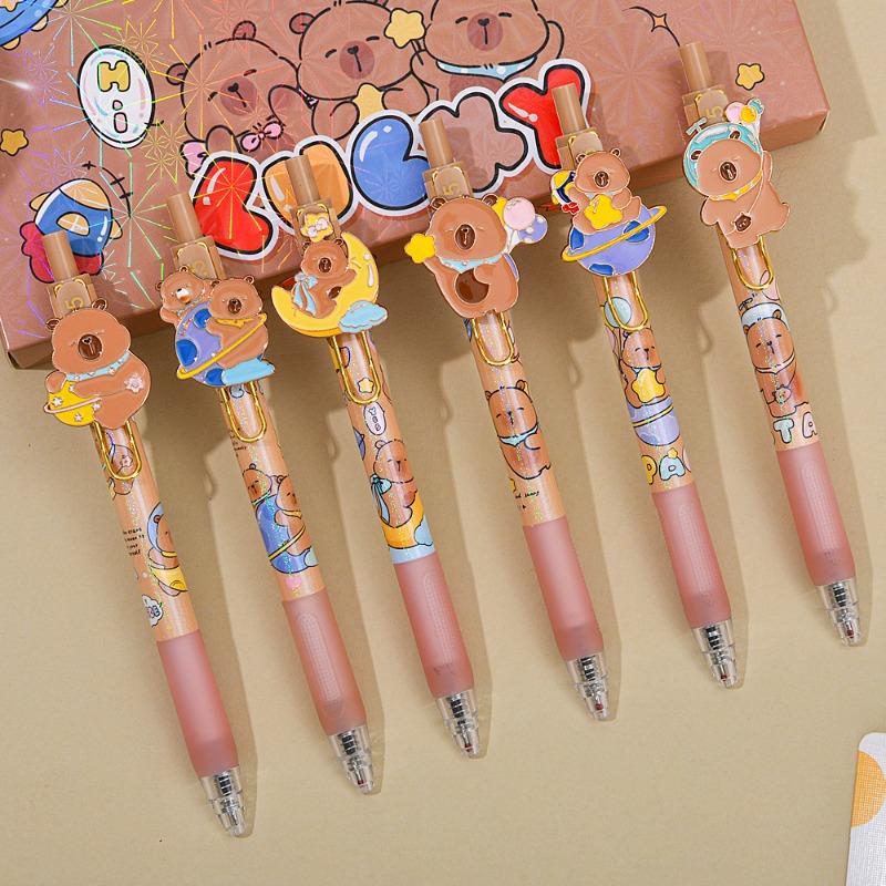 6Pcs Cute Capybara Erasable Neutral Pen 0.5mm Kawaii Cartoon Writing Stationery Student School Office Supplies Gifts