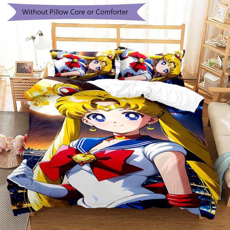 3-teiliges Sailor Moon Design Bettwäsche-Set - HD-bedruckte Bettwäsche mit 1 Bettbezug und 2 Kissenbezügen - Perfekt für die Heim- und Wohnheimdekoration