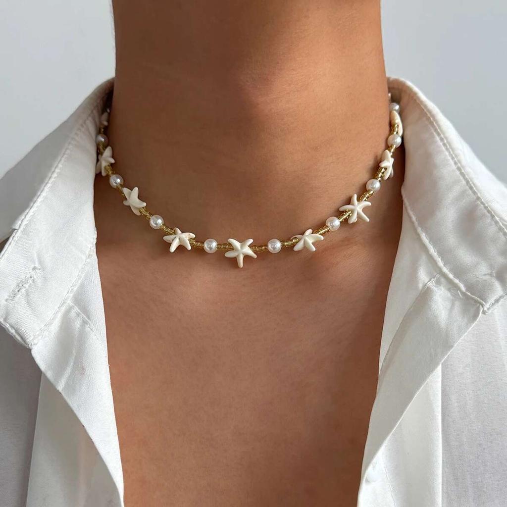 SHIXIN Boho Starfish Short Choker Necklace for Men Trendy Imitation Pearl Acrylic Beaded Necklace Male Summer Beach Neck Jewelry