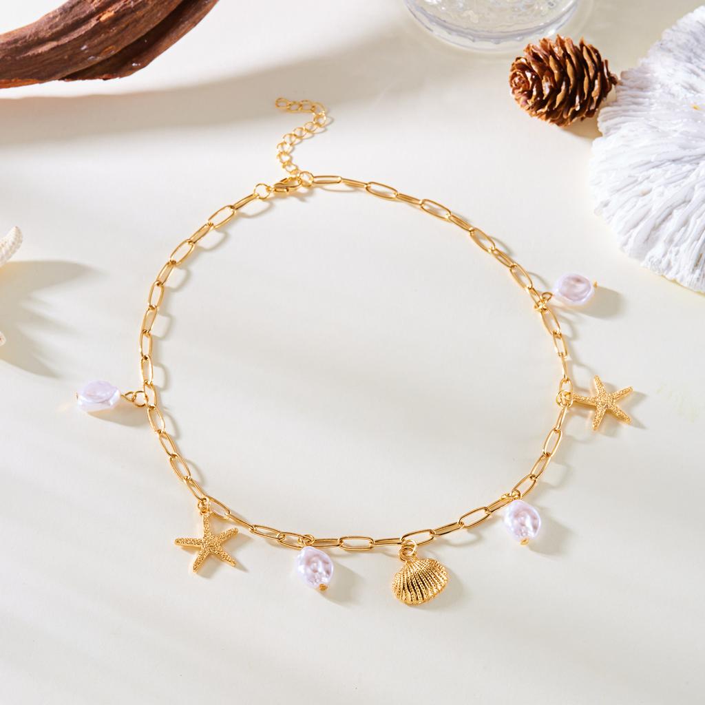 Ocean Style Imitation Pearl Starfish Shell Necklace for Women Trendy Conch Flower Pendant Necklace Beach Jewelry Vacation Gift