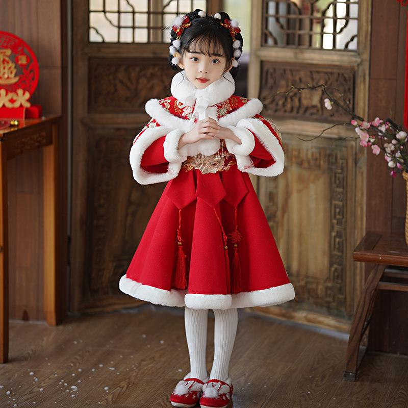 Girls' Velvet-Lined Winter Hanfu Dress - Chinese New Year Festive Outfit