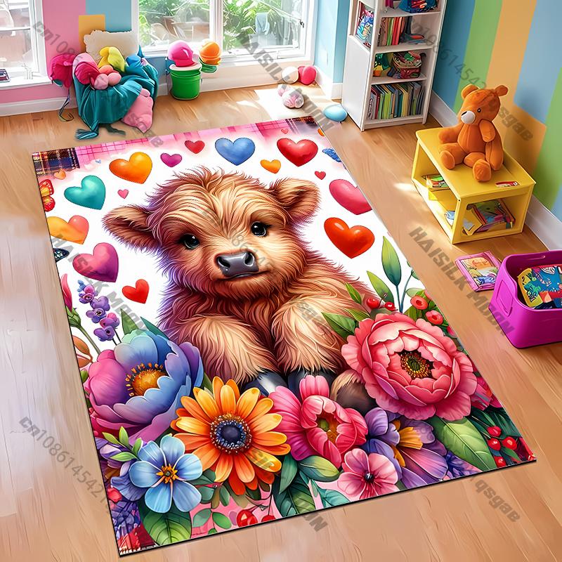 Pink Farmhouse Cow Rug with Floral and Heart Accents carpet for home sofa bedroom, gift