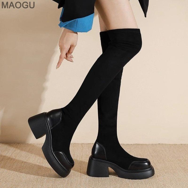 

Women s Stretch Thigh High Boots Black Platform Over-the-Knee Modern Long Boots Fashion Slip on Short Plush Winter Botas Mujer 40 чорний