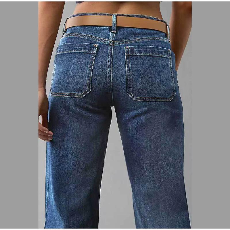 New 2025 Spring Autumn Women's Casual Patchwork Pocket Loose Wide Leg Jeans Long Pants Comfortable Fit Denim Trousers