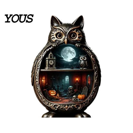Wood Owl Sculpture Halloween Wooden Tabletop Centerpiece, 2D Flat Pumpkin Ghost Bat Figurine Skeleton Standing Table Sign for Party, Shelf, Desk Decor