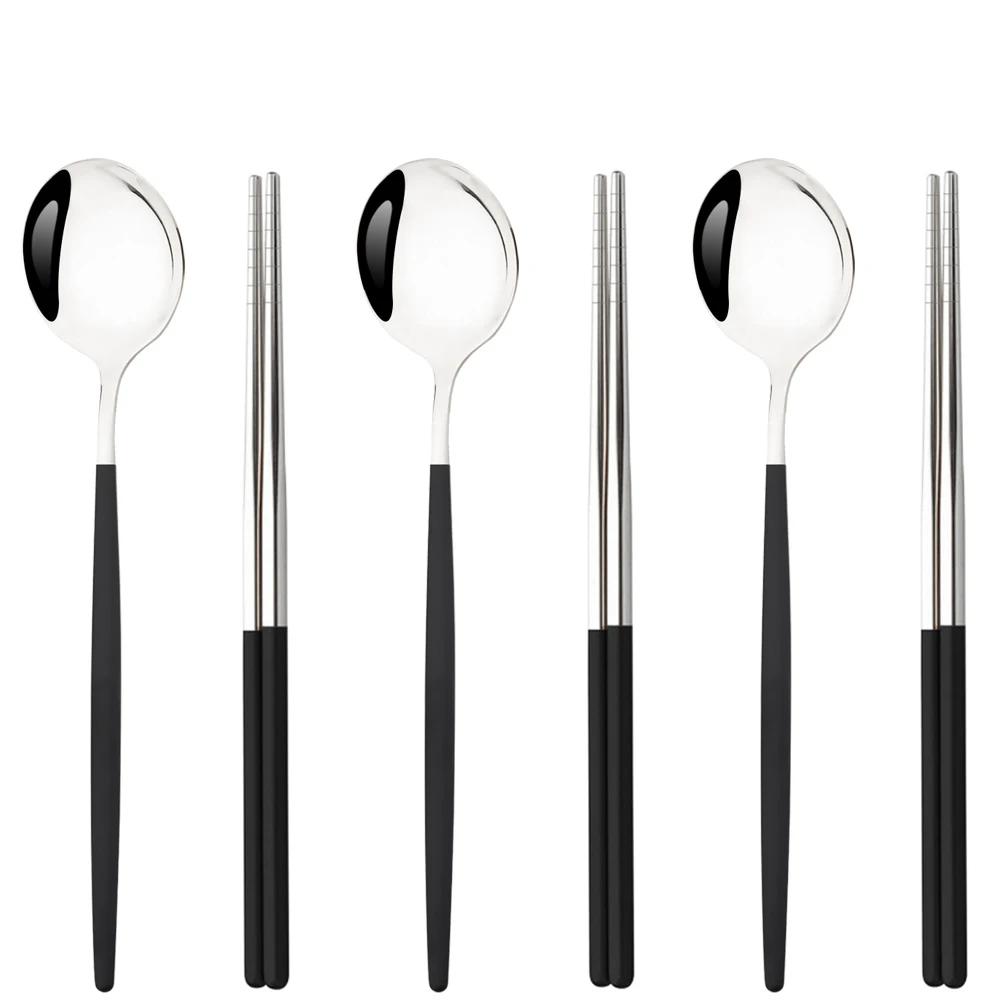 6Pcs High Quality Dinnerware Set Stainless Steel Flatware Set Mirror Kitchen Tableware Gold Dinner Spoon Chopsticks Cutlery Set