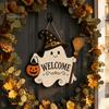 Seasonal Home Accents Halloween Wooden Ghost Welcome Sign for Front Door, Rustic Cartoon Hanging Trick or Treat Plaque with Pumpkin Wizard Hat