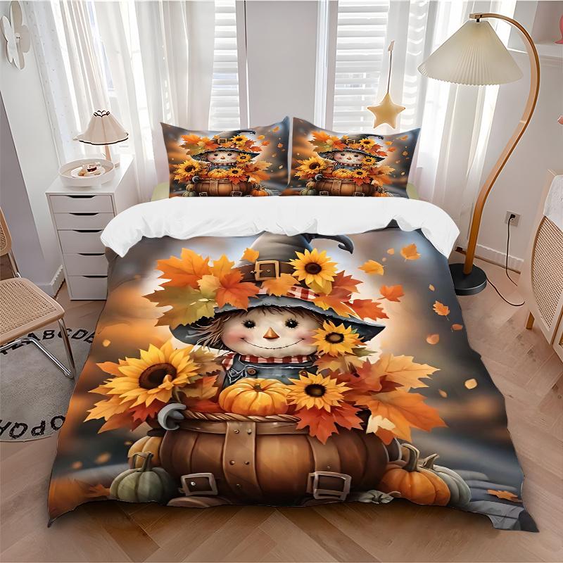 3pcs Autumn Harvest Scarecrow Bedding Set, Including 1 Quilt Cover and 2 Pillow Shams, Without Filling, Soft and Comfortable Home Bedroom Fa