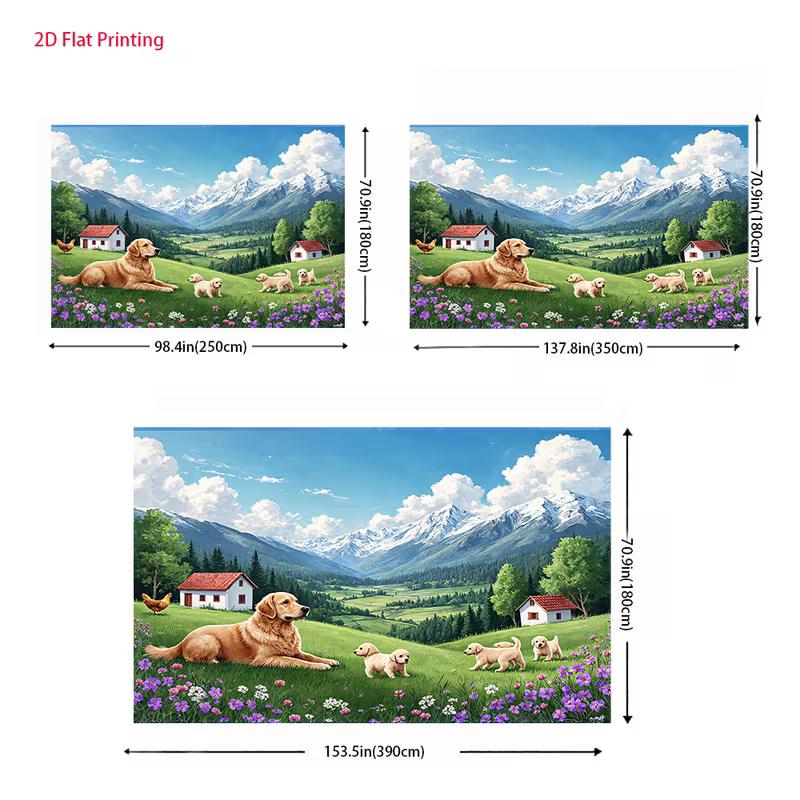 2D Puppies & Mom Backdrop Countryside Meadow Photography Background Cloth