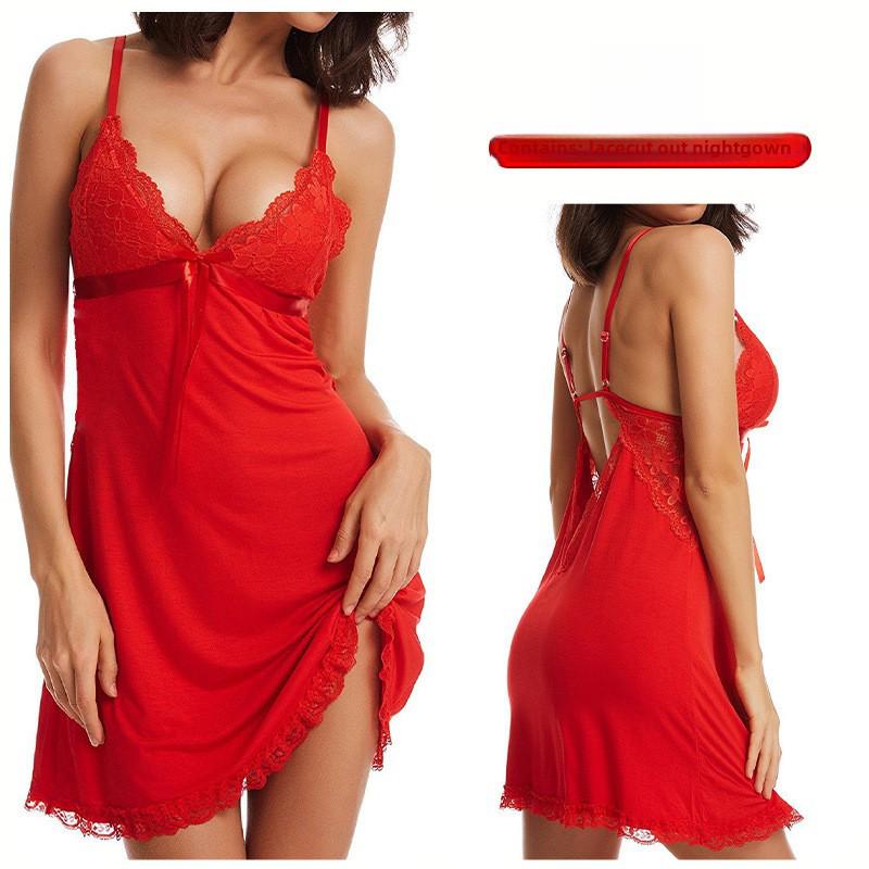 European & American Lace Trim Sexy Lingerie Nightdress with Back Cutout
