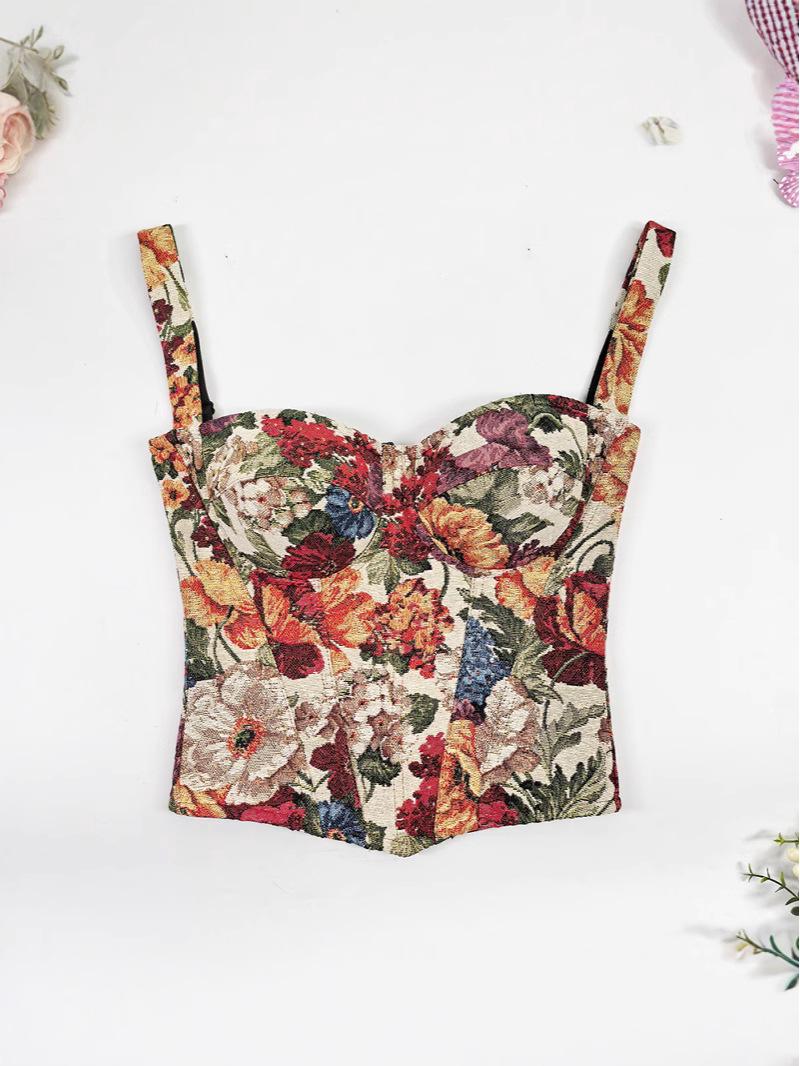 

Французский жаккардовый топ-корсет в рубчик - Женский цветочный утягиватель талии 25801 C/D Cup абрикосовый