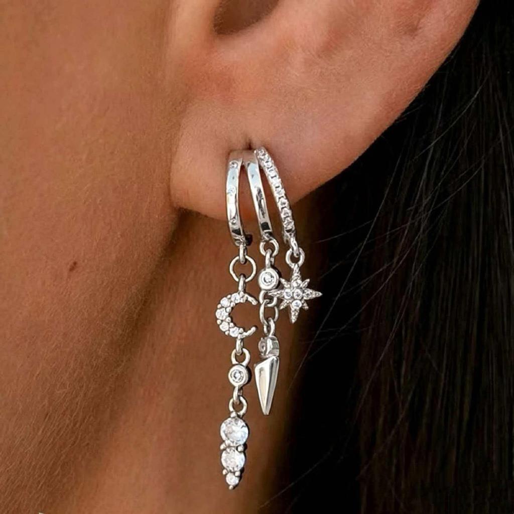 European and American Asymmetrical Star & Moon Earrings Set: Fashion Zircon Studs & Ear Cuffs