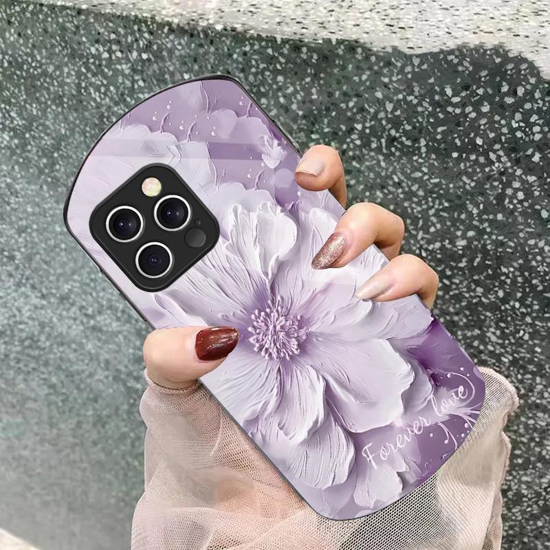 Plants in Oil Painting For iPhone 16 15 14 Pro 13 Plus 12 mini 11 13Pro Max XR X S 7 8 6 Elliptical Tempered Glass Phone Case