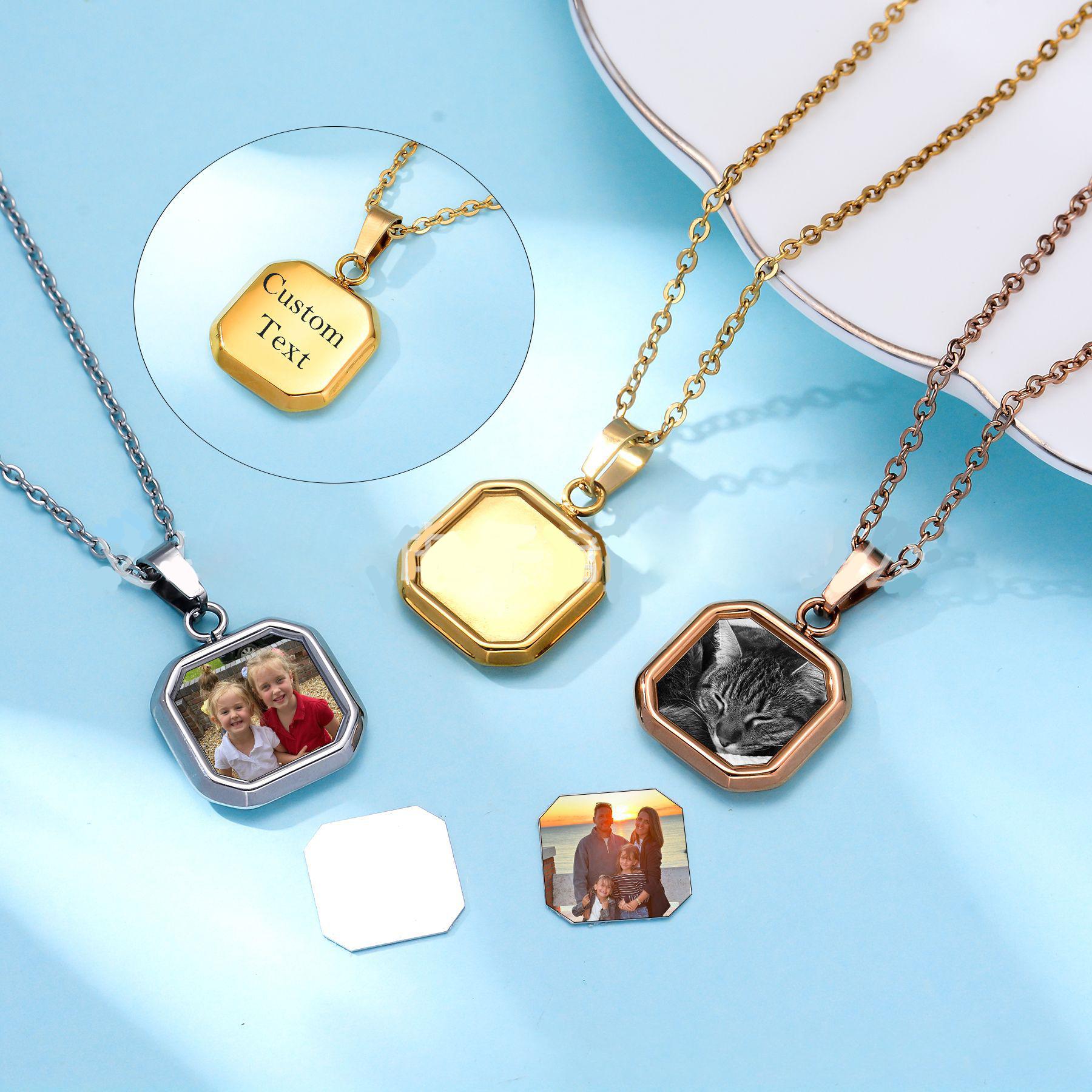 My Fine Jewelry Women's Silver Custom Photo Sqaure Shape Pendant Stainless Steel Necklace Personalized Picture Words Choker Accessory