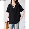 MODIQUE Spring Summer Plus Size New Women Loose Vintage Blouse Shirts Female Casual Oversize Short Sleeve V-Neck Top Elegant Lady Solid Black