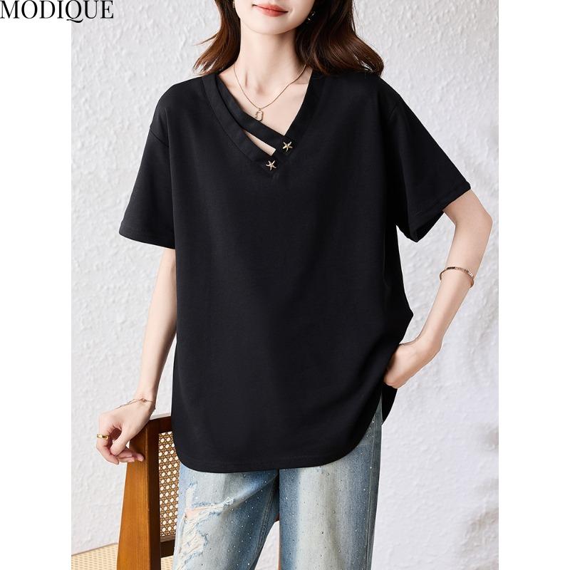 MODIQUE Spring Summer Plus Size New Women Loose Vintage Blouse Shirts Female Casual Oversize Short Sleeve V-Neck Top Elegant Lady Solid Black