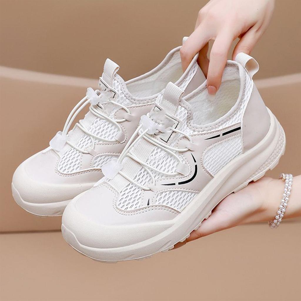 Women's Breathable Mesh Athletic Shoes Lightweight Slip-On Sports Sneakers with Elastic Adjustable Laces and Cushioned Sole for Outdoor Activities