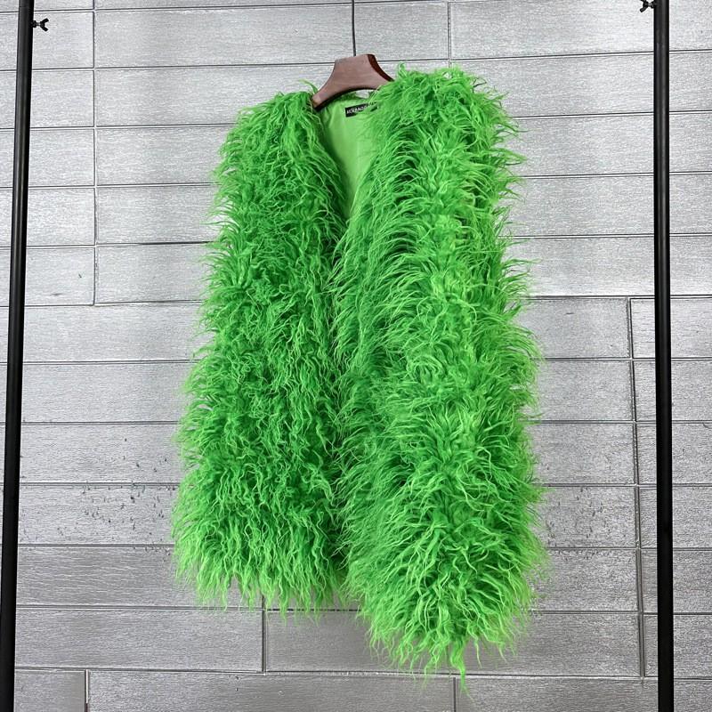 Plus Size Faux Shearling Vest Mid-Length Fur Coat Warm Sleeveless Jacket Women