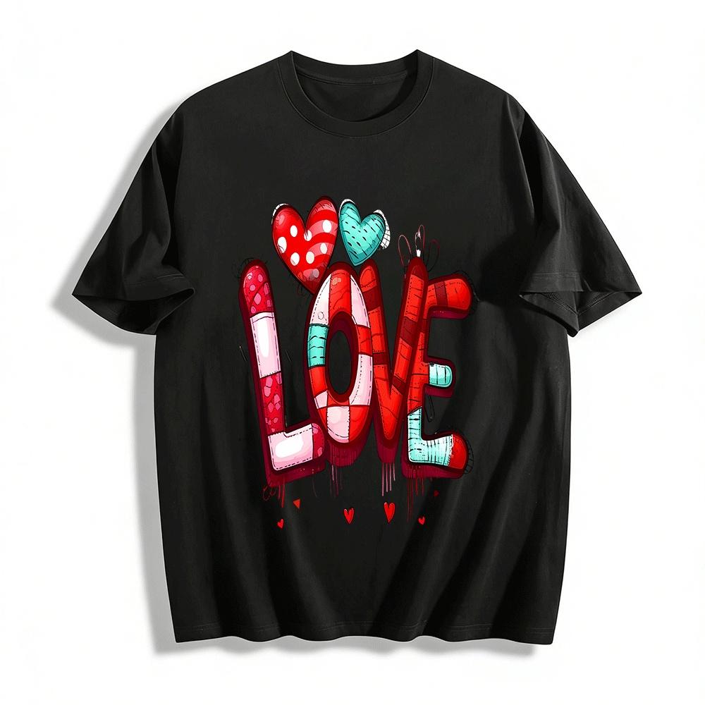 

Vintage Patchwork Heart LOVE Print Couple Casual Crew Neck T-Shirt Pure cotton T-shirt XXS