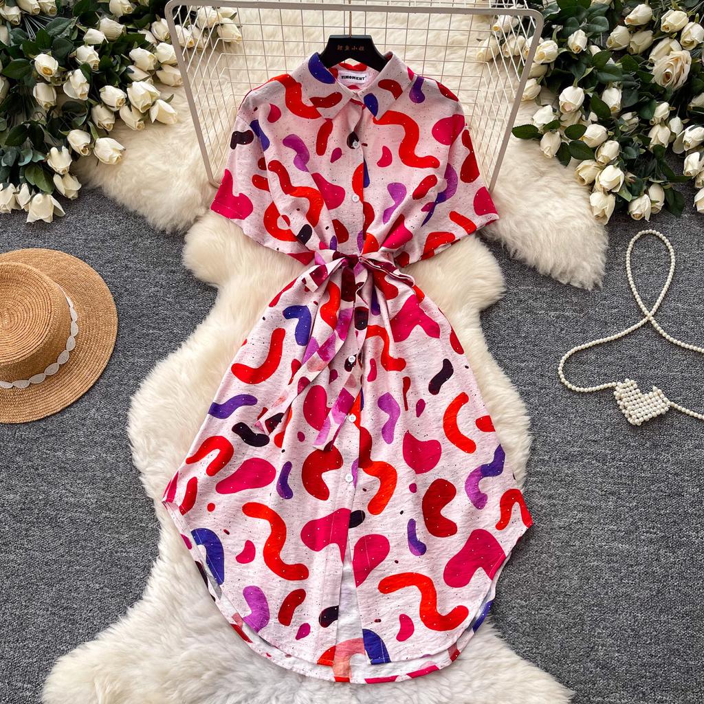 Printed Short-sleeved Dress Women's Summer Waist and Thin A-shaped Skirt Commuter Temperament Shirt Skirt