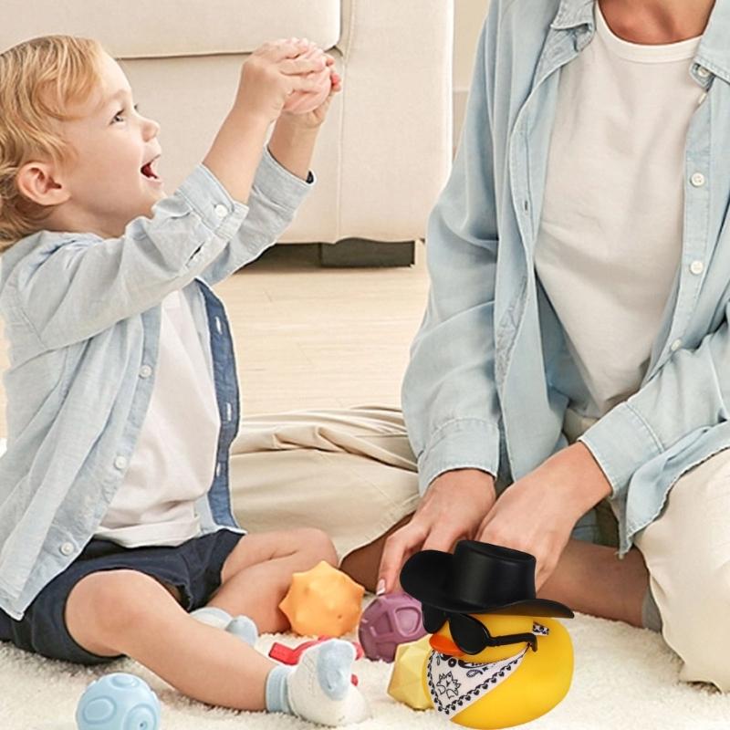 Water Play Duck Ornament with Black Cowboy Hat and Sunglasse Baby Pool Accessories Bathtub Companion For Toddlers