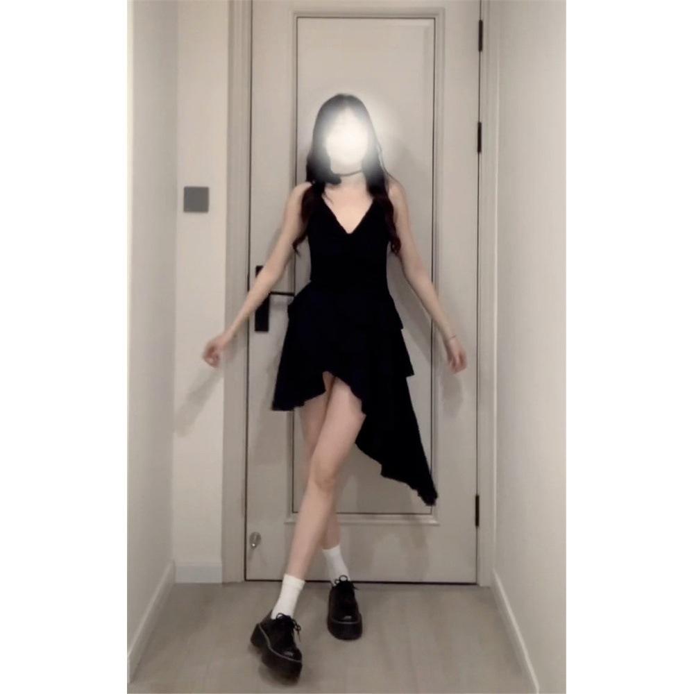 Black V-neck Dress Women's Casual Women's Autumn New Temperament Split Banquet Evening Dress Long Dress