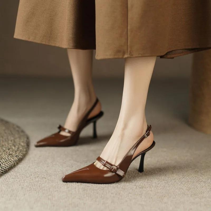Women's Sexy High Heels Shoes Fashion One-word Buckle Sandal Pointed Toe Thin Heels Soft Leather Sandals Retro Butterfly-knot