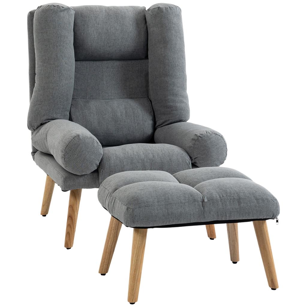 Recliner Chair with Footstool, Recliner Armchair with Adjustable Backrest, Thick Cushion and Wooden Legs, Grey