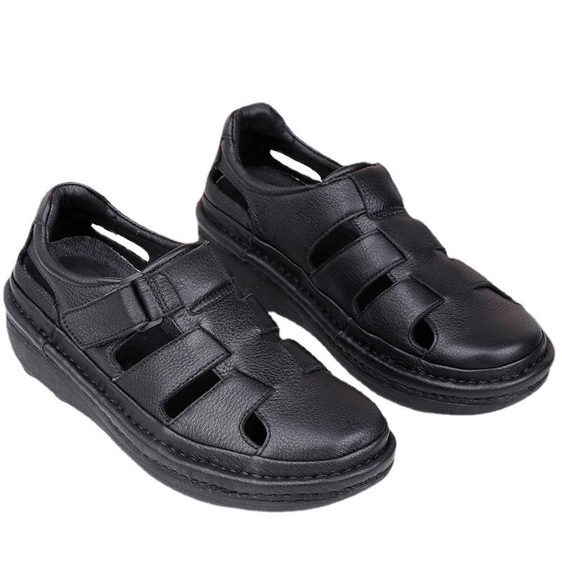 Men'S Sandals Men'S Leather Baotou Hole Shoes Leather Sandals Middle-Aged Dad Casual Beach Shoes