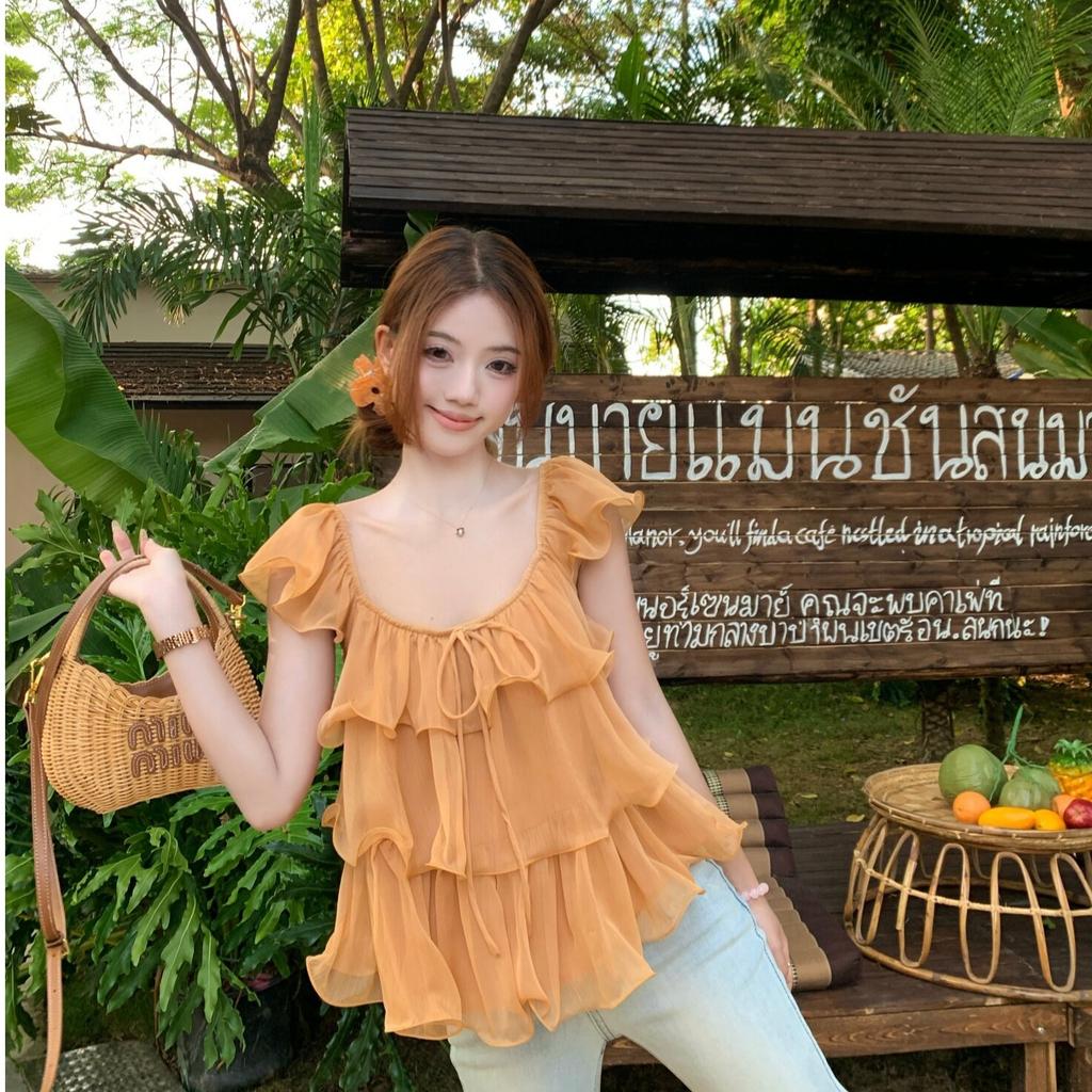 Real price sweet and spicy Xiaofei sleeve lace-up square collar shirt women's summer new foreign style ruffle edge short design top