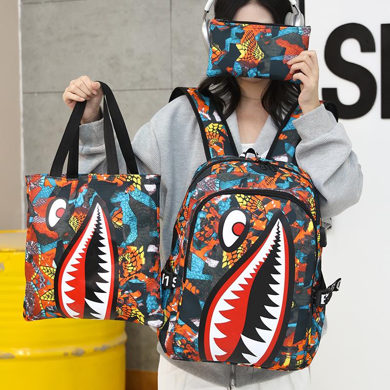 Cute Shark Set Schoolbag New Personalized Creative Men's and Women's Backpack Junior High School Campus Three-piece Backpack